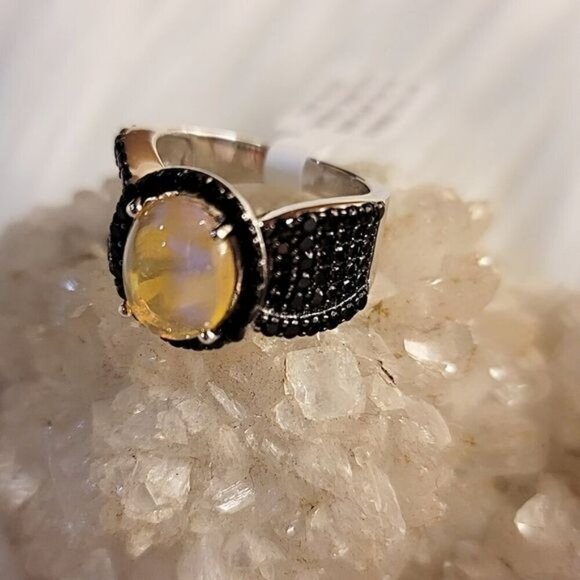Ethiopian Opal ✦ Black Spinel Ring ✦ 925 Rhodium Oval Fire Gemstone Sz 5 NWT - Picture 6 of 6